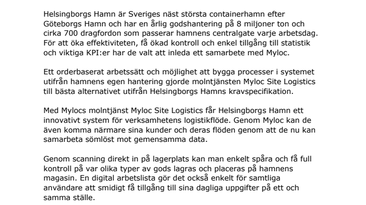 Helsingborgs Hamn anlitar Myloc för effektivare logistik