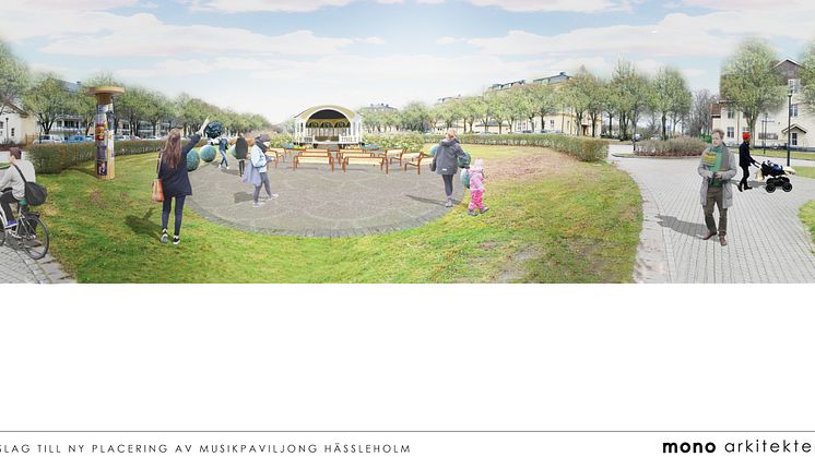Skiss från Mono arkitekter AB med förslag på musikpaviljongens nya placering med vy över kaserngården.