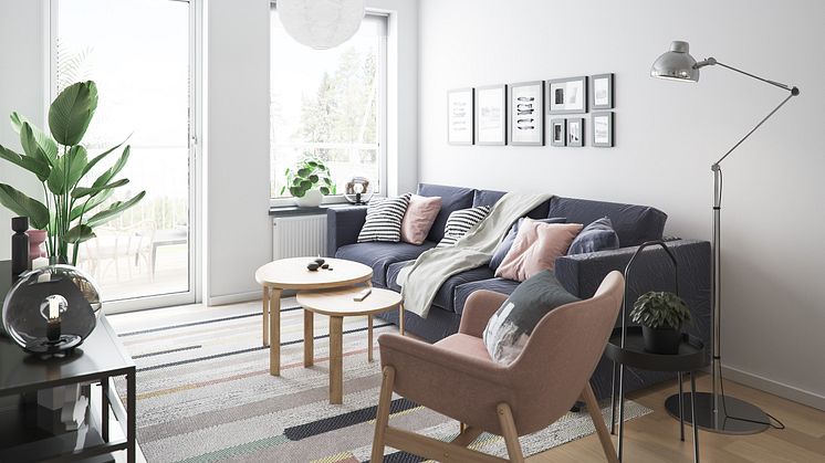 Illustration av vardagsrum, BoKlok Skölden i Gävle