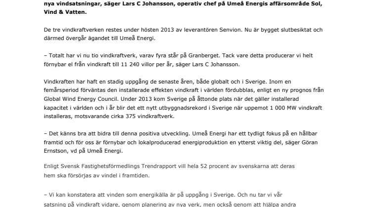 Medvind för vindkraft när Umeå Energi fortsätter satsningen på Granberget 