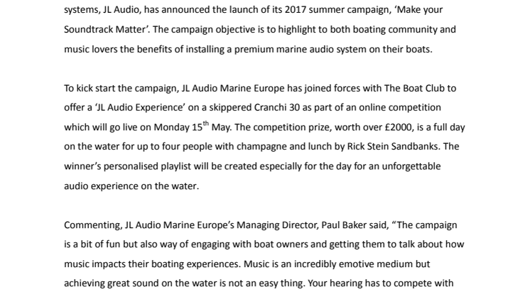 JL Audio Marine Europe: JL Audio Launches ‘Make Your Soundtrack Matter’
