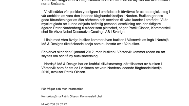Nordsjö Butiker AB förvärvar butik i Västervik