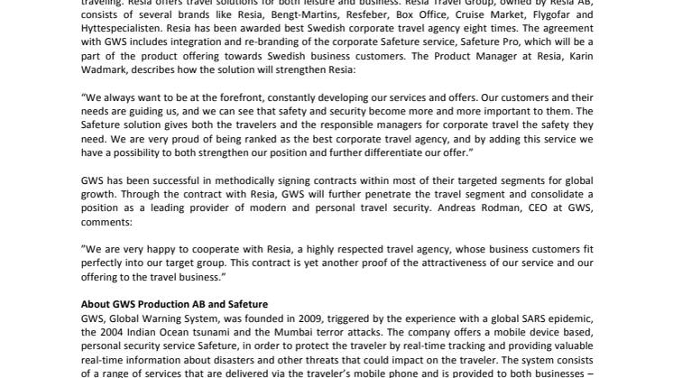 GWS signs partnership agreement with Resia AB