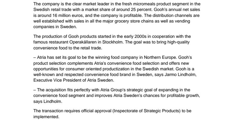 Atria buys the Swedish convenience food business Gooh