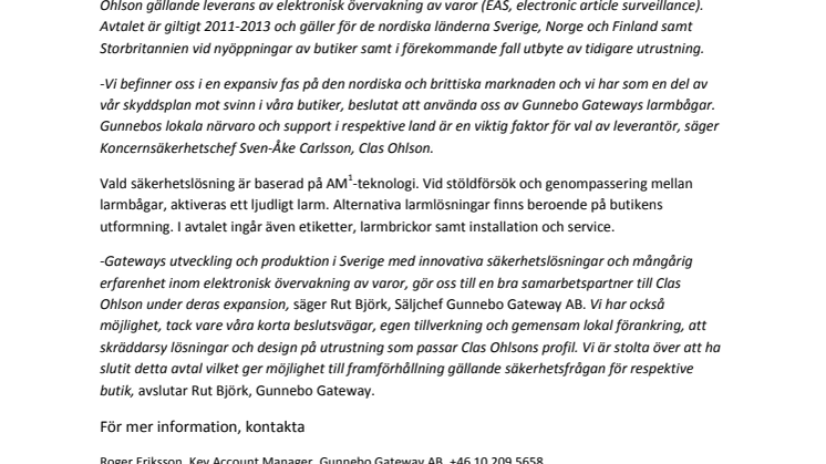 Gunnebo tecknat ramavtal med Clas Ohlson 