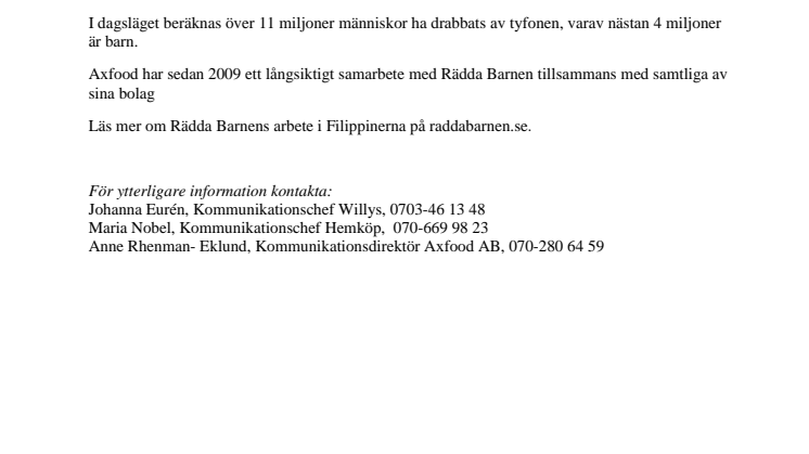 Willys och Hemköp stödjer Rädda Barnens arbete i Filippinerna