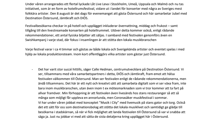 Digitala musikfestivalen ”Låt Live Leva” gästar Östersund 8 augusti