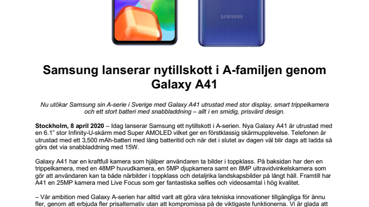 Samsung lanserar nytillskott i A-familjen genom Galaxy A41