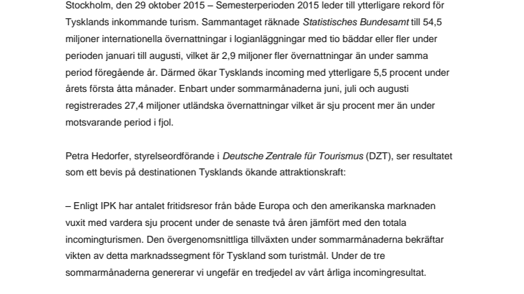 Nytt rekord för Tysklands inkommande turism sattes under semestermånaderna