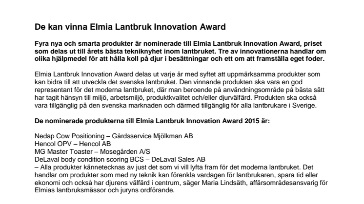 ​De kan vinna Elmia Lantbruk Innovation Award
