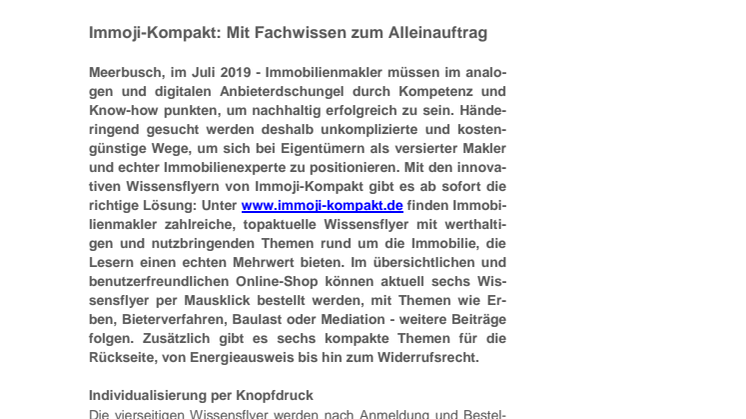 Immoji-Kompakt: Neuartige Wissensflyer für Immobilienmakler - mit Fachwissen zum Alleinauftrag