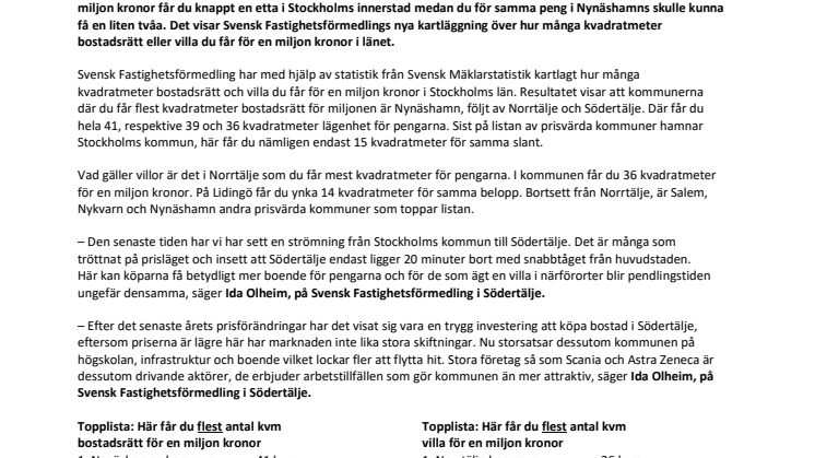 Ny kartläggning visar: Stockholmskommunerna där du får mest bostad för en miljon