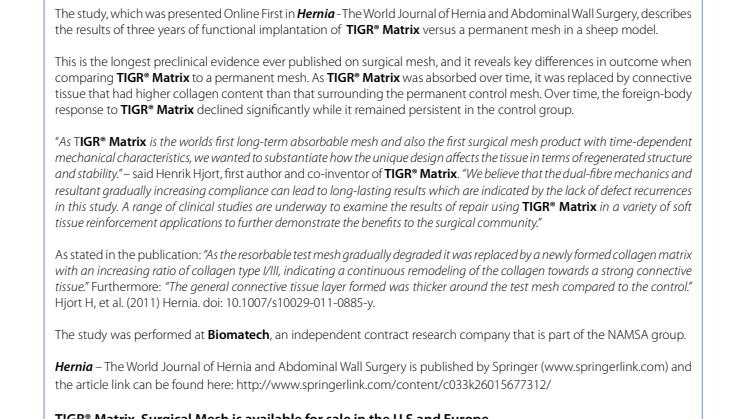Hernia Publishes a Unique Three Year Pre-Clinical Study of absorbable TIGR® Matrix Surgical Mesh Versus a Permanent Mesh