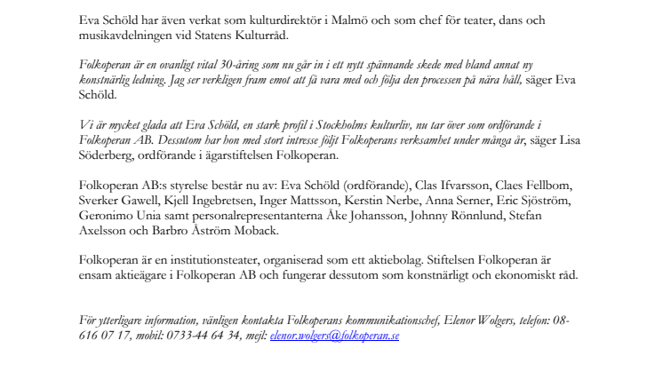 Eva Schöld ny styrelseordförande i Folkoperan AB