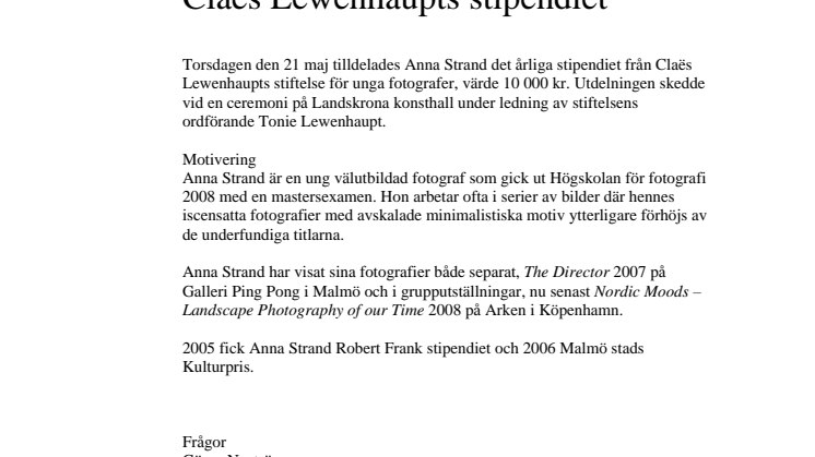 Anna Strand tilldelad Claës Lewenhaupts stipendiet 