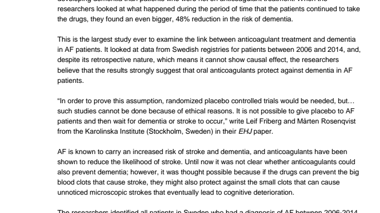 Blood-thinning drugs appear to protect against dementia as well as stroke in patients with atrial fibrillation