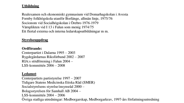 Landshövding Kenneth Johanssons CV 2012