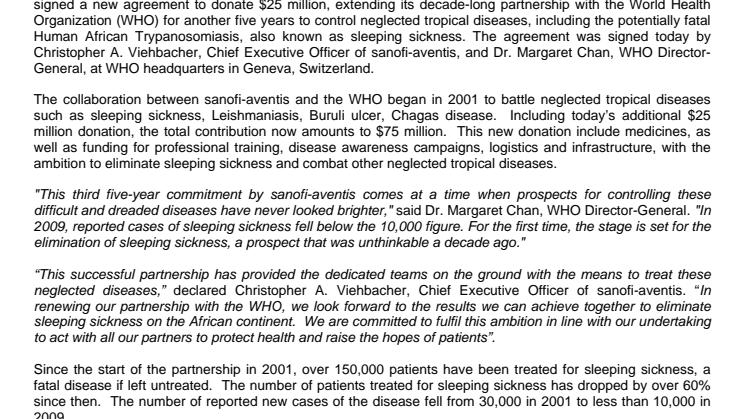 Sanofi-aventis signs New Agreement with the World Health Organization (WHO) to fight Neglected Tropical Diseases