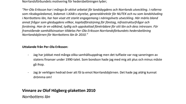 Norrlandsbjörnar och Olof Högberg-plaketter 2010