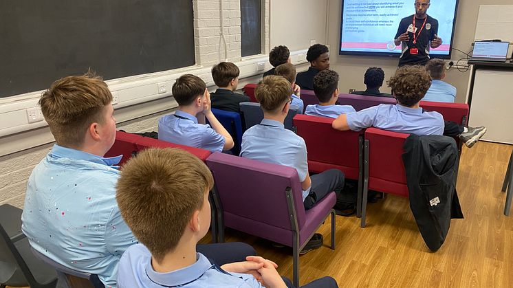Lewis Sykes of Stevenage FC Foundation delivers his first session at The Nobel School, Stevenage.JPG