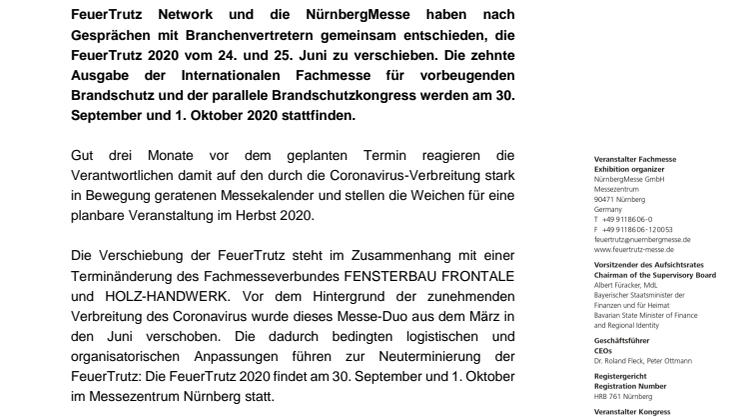 Verschiebung: Neuer Termin der FeuerTrutz 2020 am 30. September und 1. Oktober