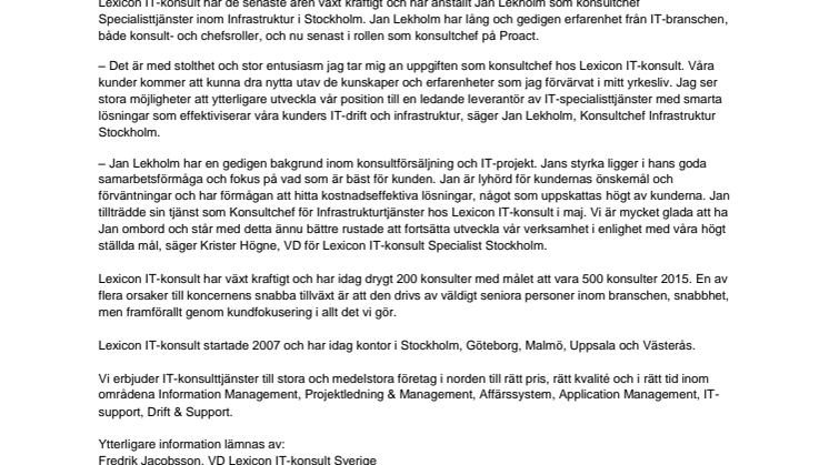 Lexicon IT-konsult Stockholm har anställt Jan Lekholm som konsultchef Infrastrukturtjänster