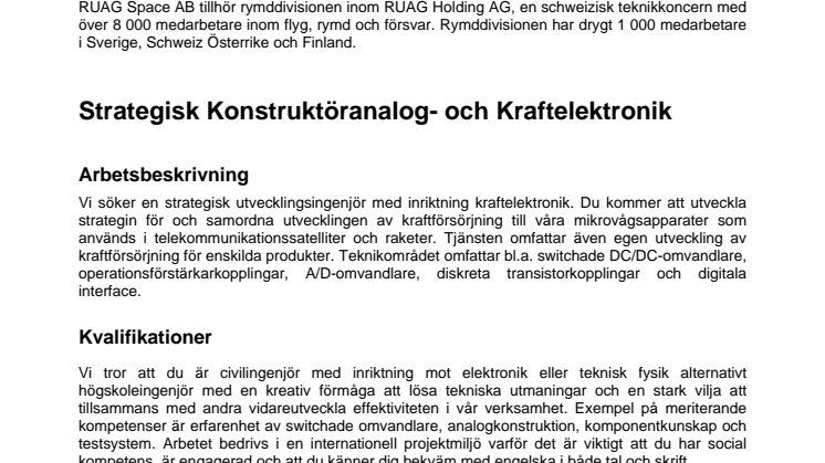 RUAG Space söker strategisk utvecklingsingenjör med inriktning kraftelektronik