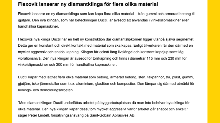 Flexovit lanserar ny diamantklinga för flera olika material