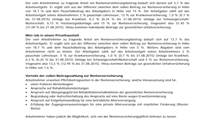 Informationsblatt zur Rentenversicherungspflicht bei geringfügigen Beschäftigungen mit Befreiungsantrag