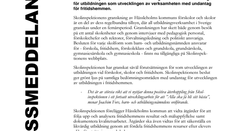 Skolinspektionen ger Hässleholms kommuns förskolor och skolor grönt ljus