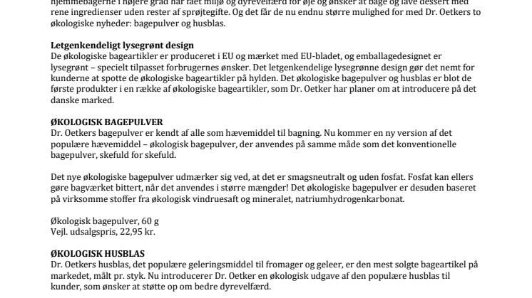 Nye økologiske bageartikler fra Dr. Oetker