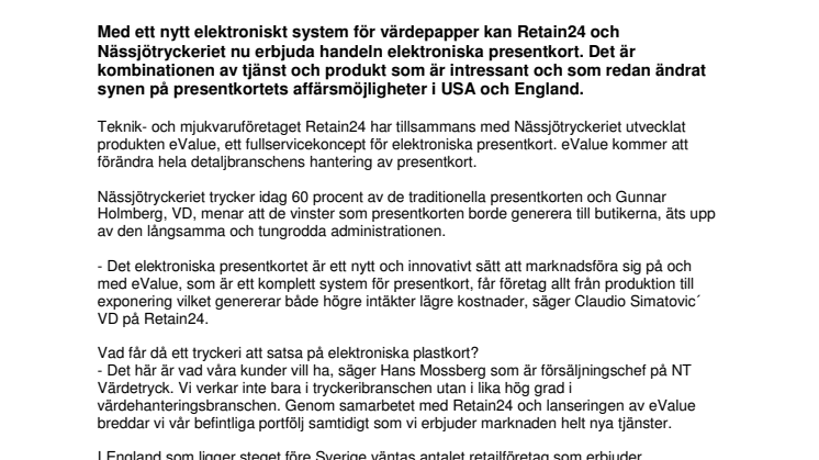 Retain24 och Nässjötryckeriet lanserar elektroniska presentkort