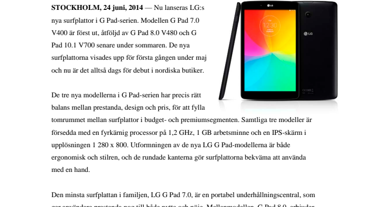 NYA SURFPLATTOR I LG:S G PAD-SERIE – LÅNAR SMARTA FUNKTIONER FRÅN LG G3