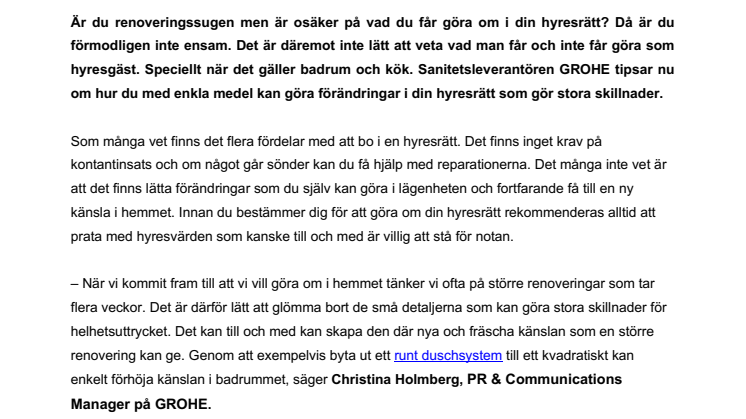 GROHE tipsar: Här är renoveringarna för din hyresrätt