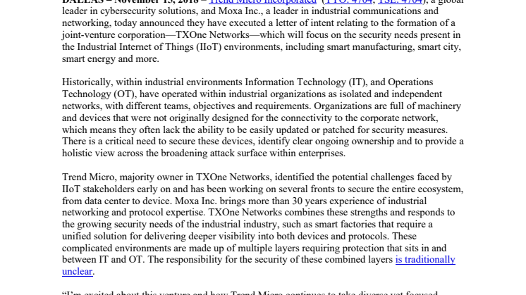 Trend Micro och Moxa bildar TXOne Networks  för att skydda den uppkopplade industrin