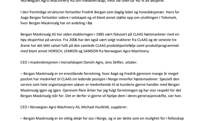 ​Norwegian Agro Machinery AS blir medeier i Bergan Maskinsalg AS