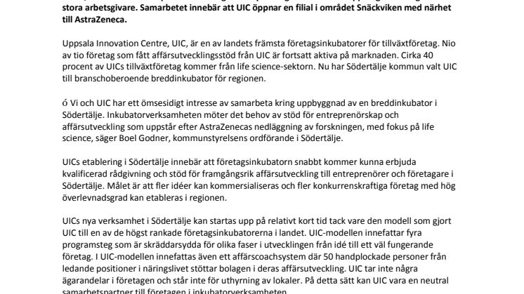 Uppsala Innovation Centre blir Södertäljes företagsinkubator
