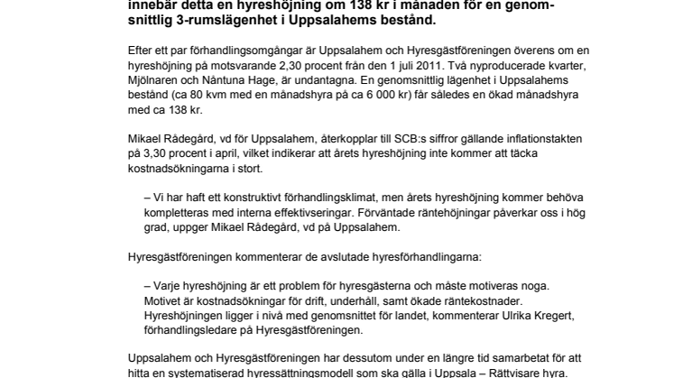 Årets hyreshöjning blir 2,30 procent