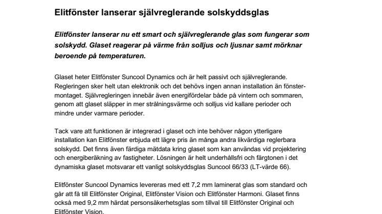 Elitfönster lanserar självreglerande solskyddsglas