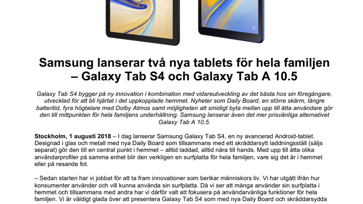 Samsung lanserar två nya tablets för hela familjen – Galaxy Tab S4 och Galaxy Tab A 10.5