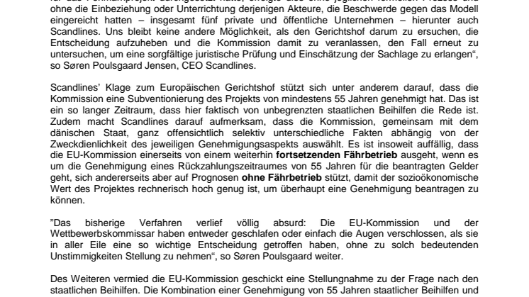 Scandlines erhebt Klage beim Europäischen Gerichtshof gegen die Entscheidung der Europäischen Kommission hinsichtlich der Finanzierung des Fehmarnprojekts 