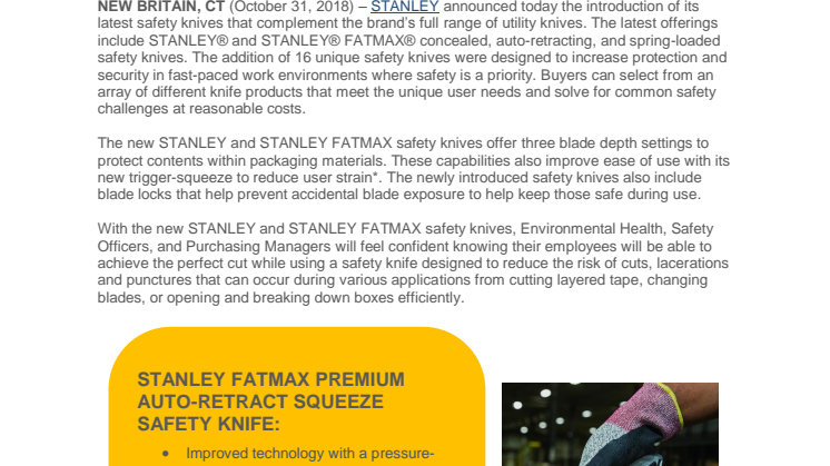 STANLEY® Introduces New Line of Safety Knives