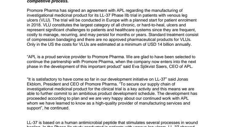 Promore Pharma Signs Manufacturing Agreement with APL