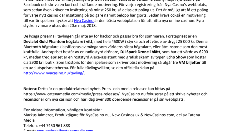 NyaCasino.nu produktnyhet: Lanserar egen tävling med lyxiga priser för sommaren