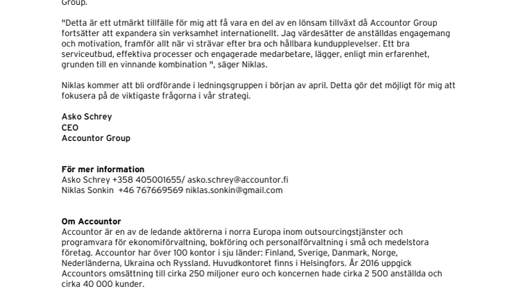 Accountor Group utser Niklas Sonkin till COO och vice VD från 18 januari, 2017