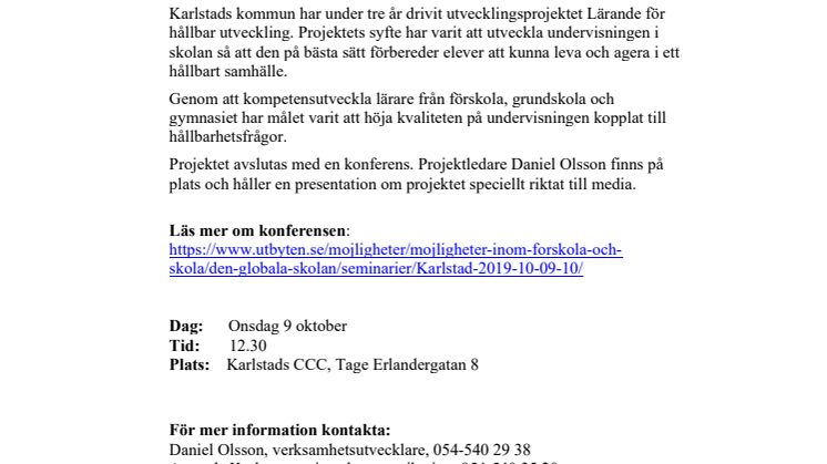 Pressinbjudan - Treårigt utvecklingsprojekt om lärande för hållbar utveckling avslutas