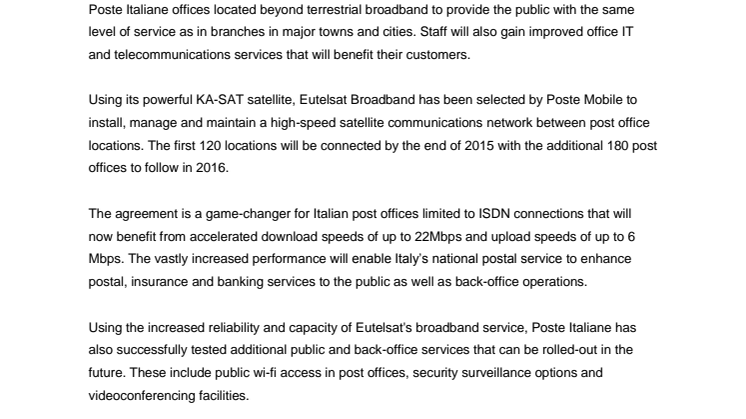 Eutelsat Satellite Broadband To Transform Service At 300 Poste Italiane offices 