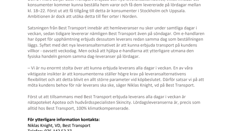 Nu börjar Best Transport med hemleveranser alla dagar i veckan