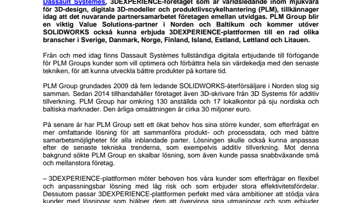 ​PLM Group utökar samarbetet med Dassault Systèmes – blir ny Value Solutions-partner i Norden och Baltikum