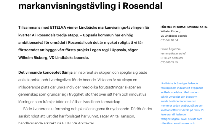 Lindbäcks och ETTELVA vinner markanvisningstävling i Rosendal